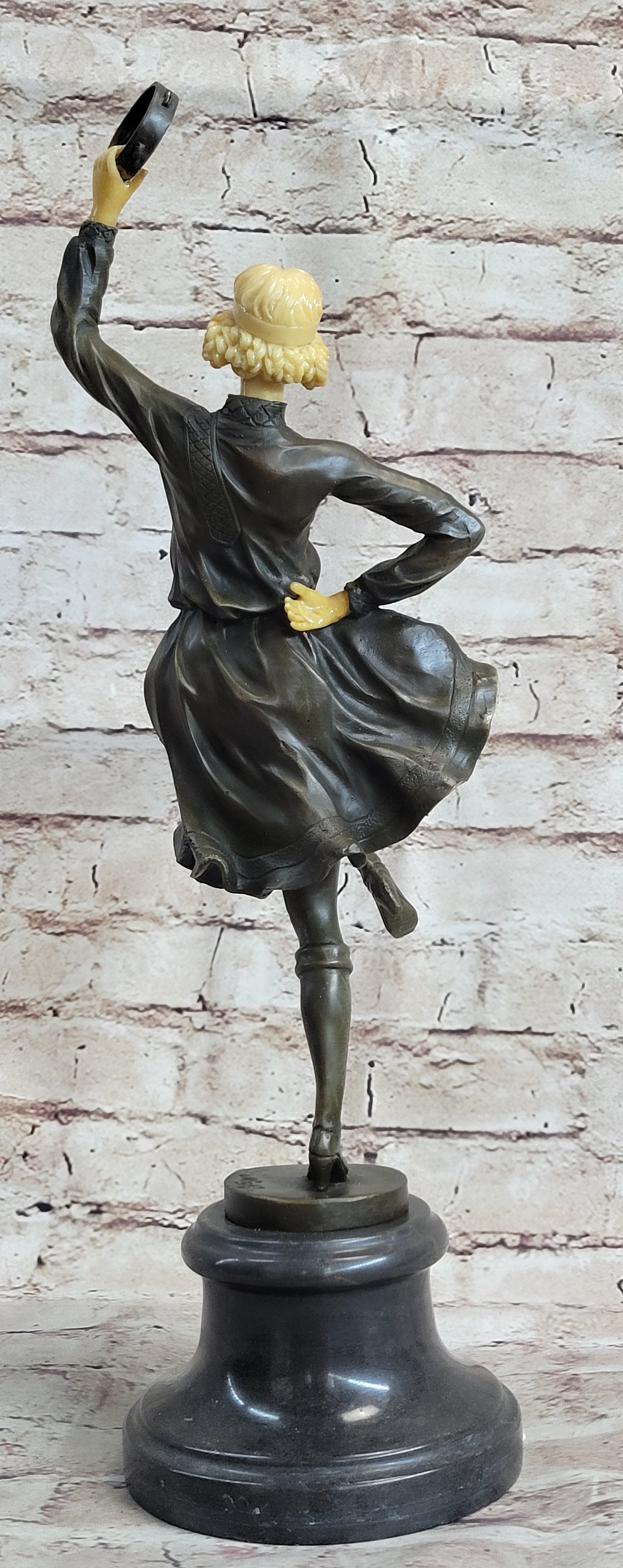 Russian Tambourine Dancer Bronze & Resin Sculpture Marble Base