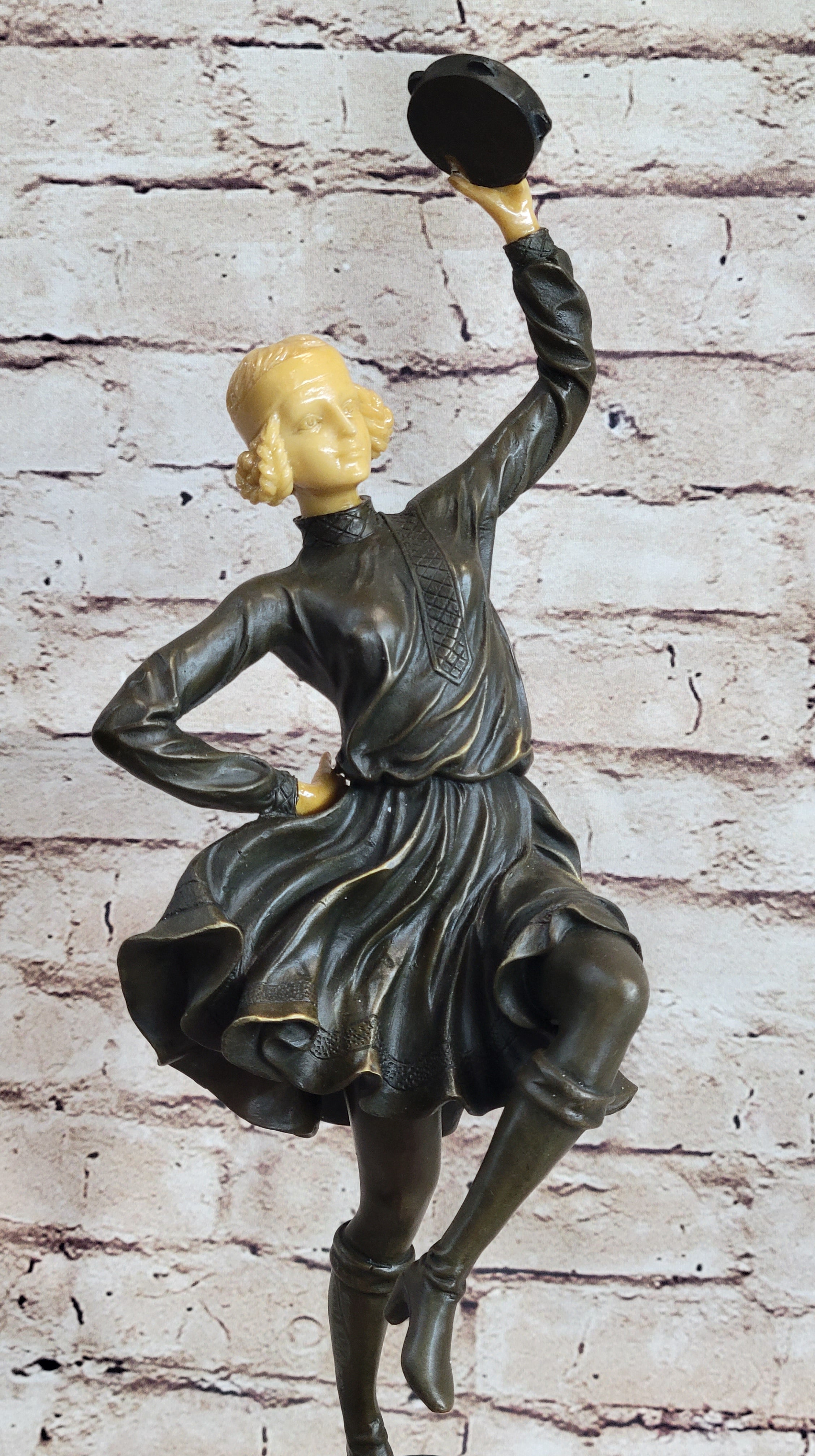 Russian Tambourine Dancer Bronze & Resin Sculpture Marble Base