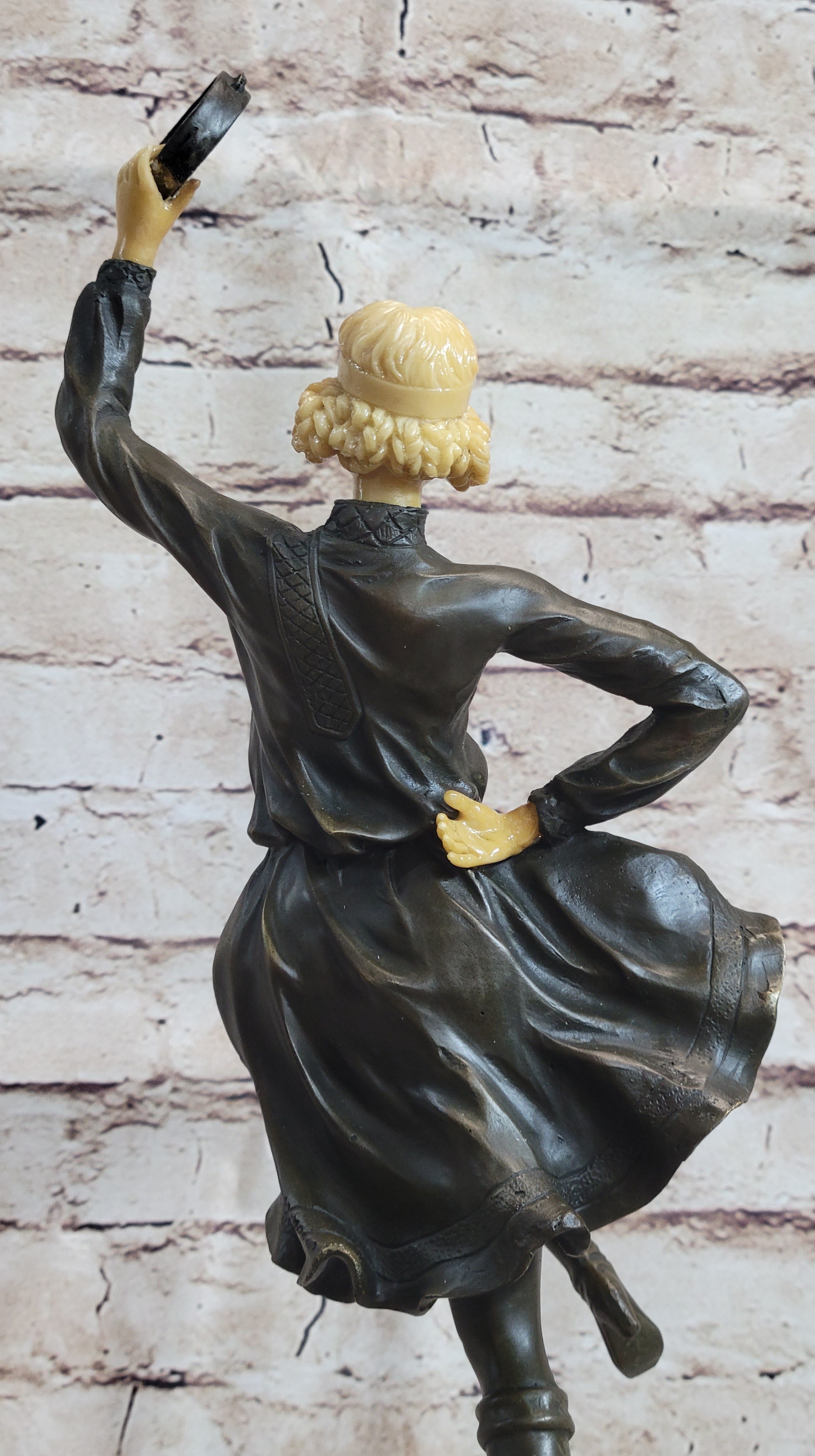 Russian Tambourine Dancer Bronze & Resin Sculpture Marble Base