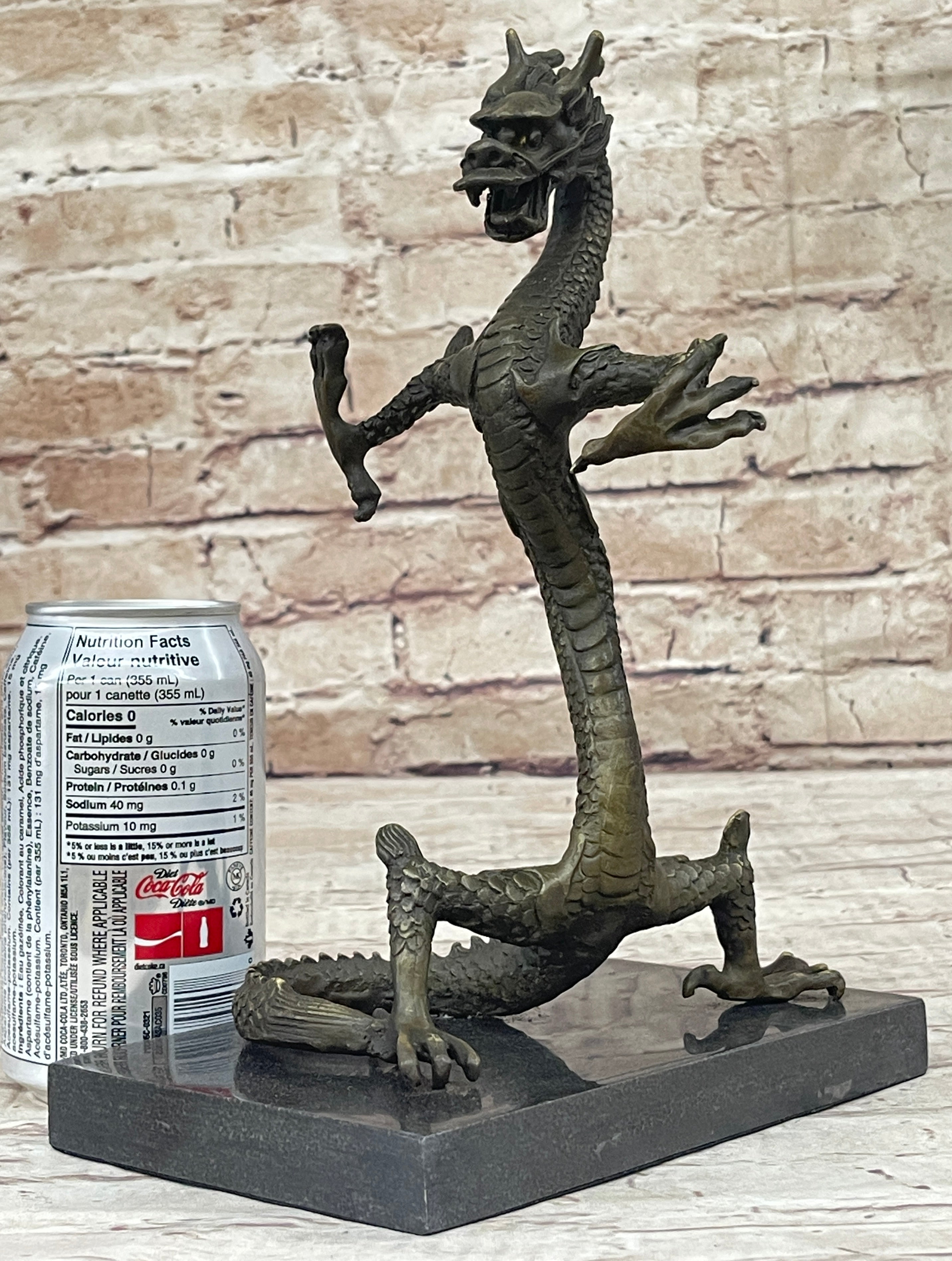 Skinny Chinese Dragon Bronze Sculpture on Marble Base