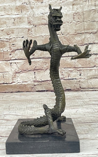 Skinny Chinese Dragon Bronze Sculpture on Marble Base