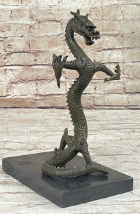 Skinny Chinese Dragon Bronze Sculpture on Marble Base