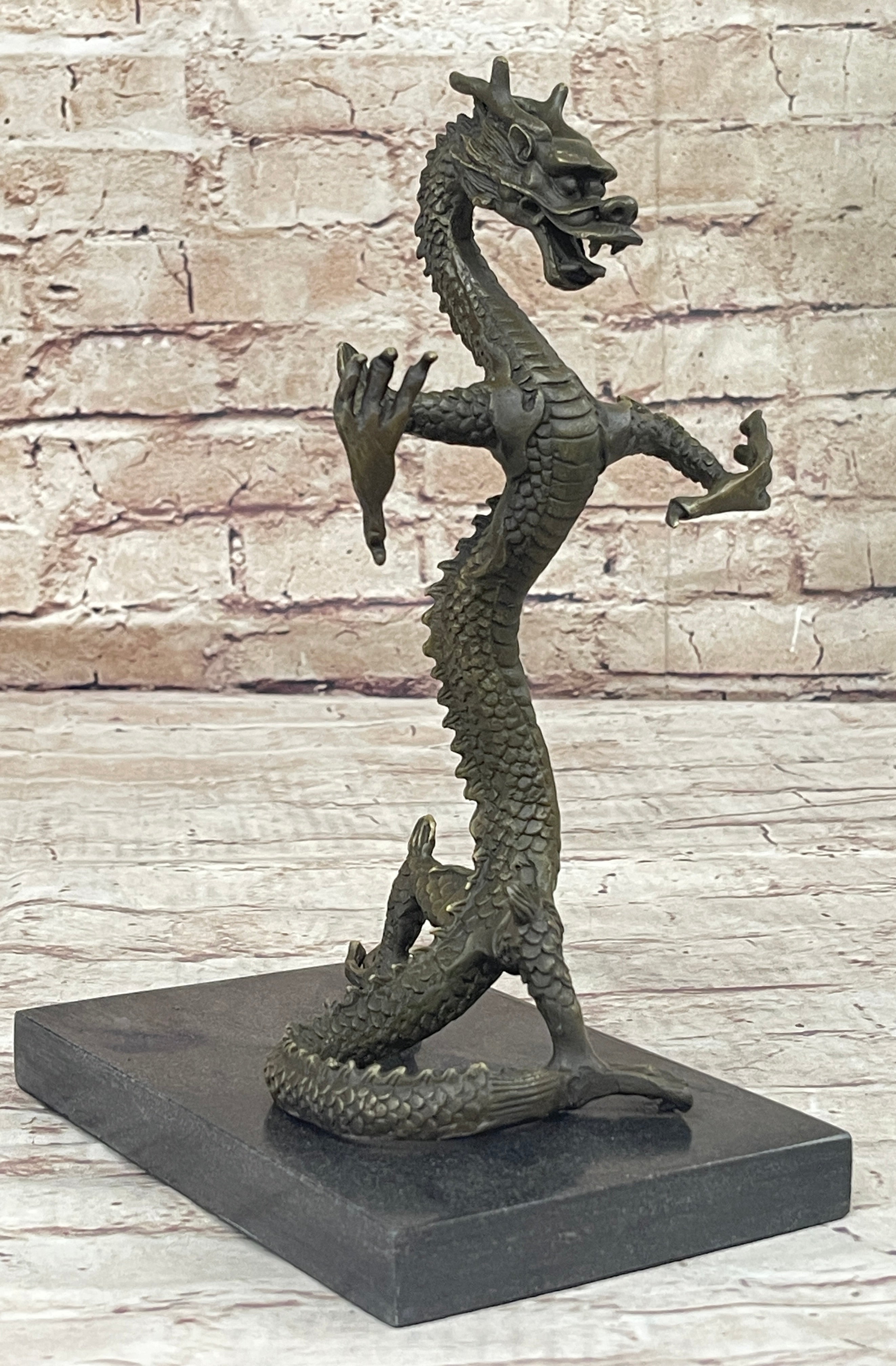 Skinny Chinese Dragon Bronze Sculpture on Marble Base