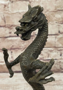 Skinny Chinese Dragon Bronze Sculpture on Marble Base