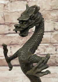 Skinny Chinese Dragon Bronze Sculpture on Marble Base