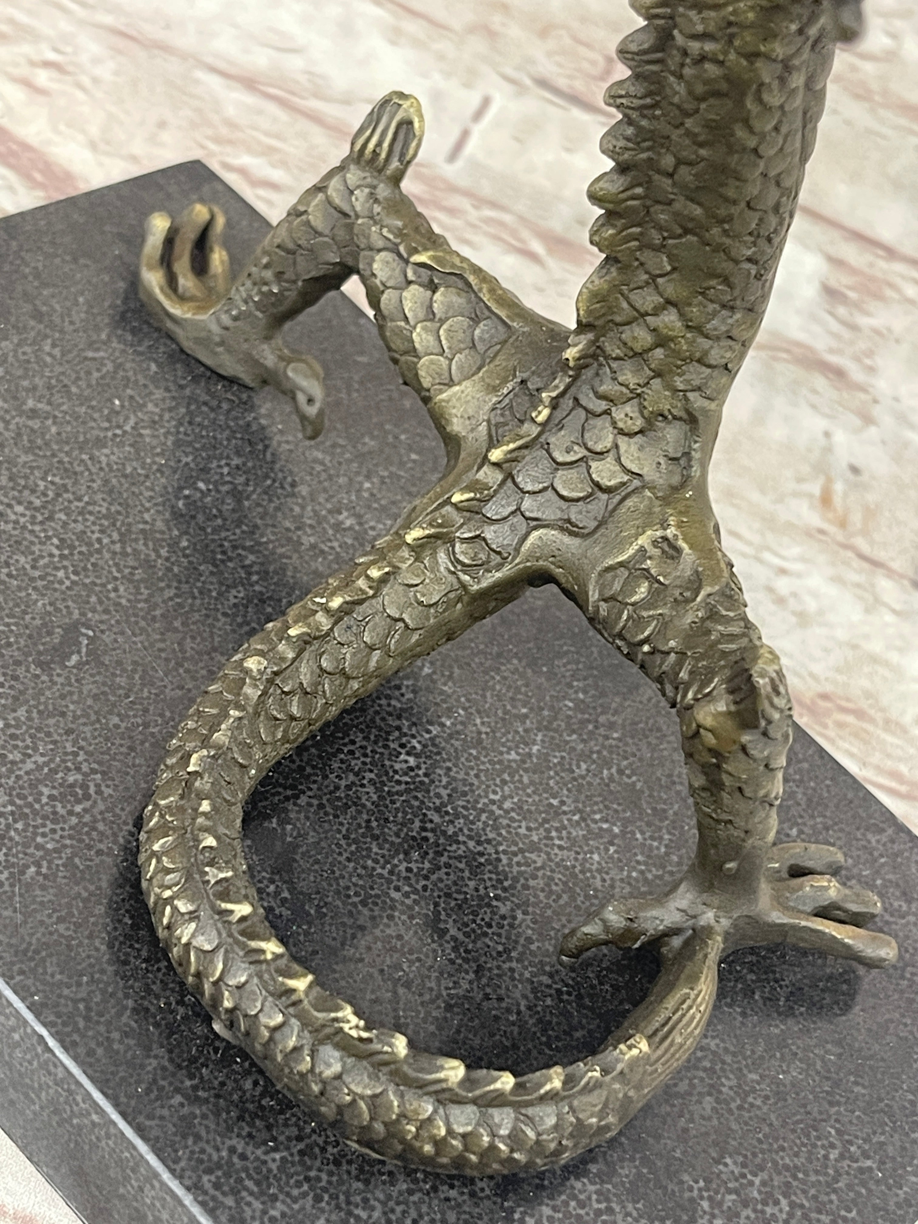 Skinny Chinese Dragon Bronze Sculpture on Marble Base
