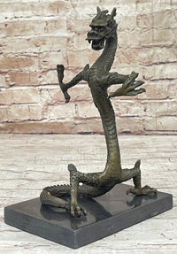 Skinny Chinese Dragon Bronze Sculpture on Marble Base