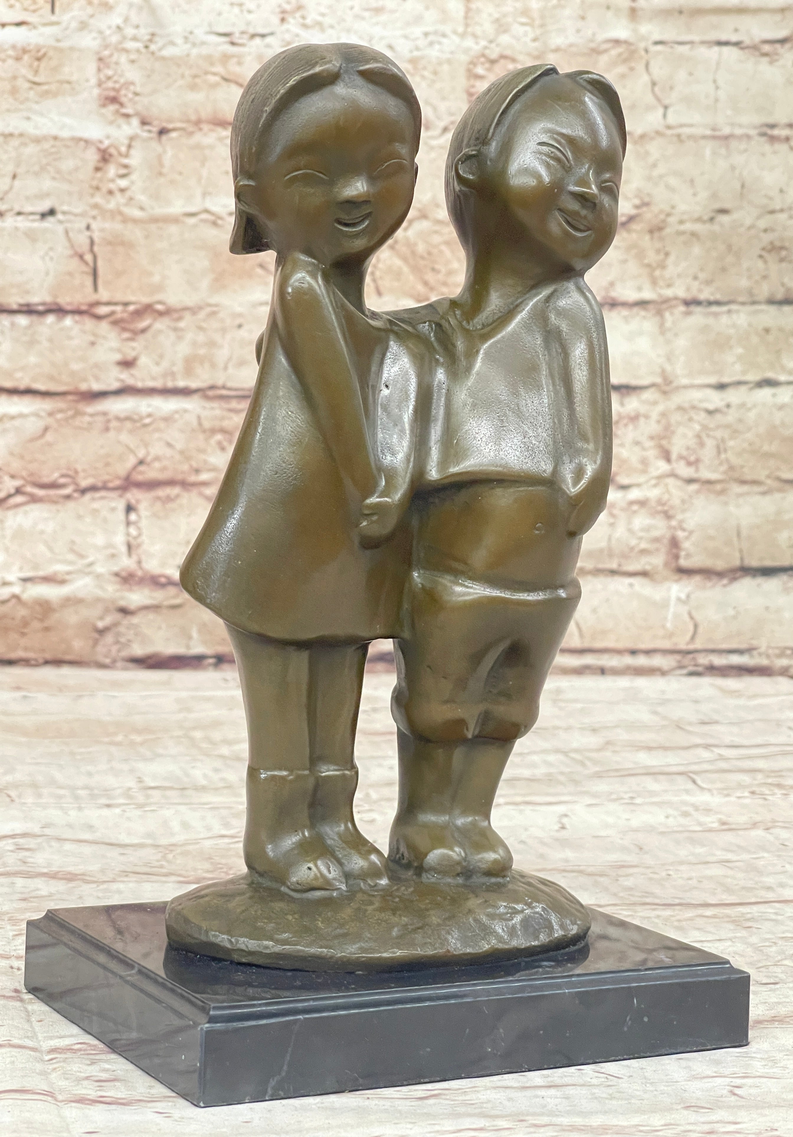 Chinese Children Brother and Sister Posing for Picture Bronze by Zhang