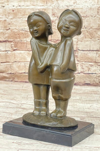 Chinese Children Brother and Sister Posing for Picture Bronze by Zhang