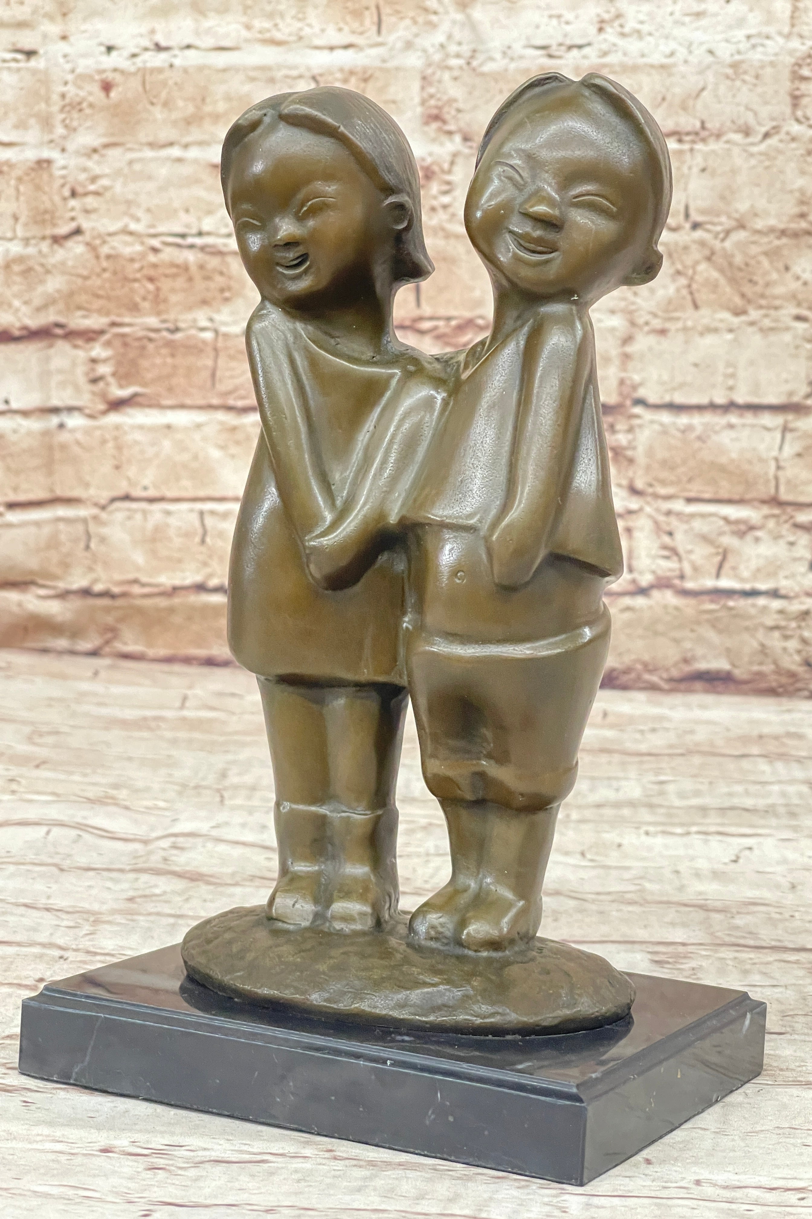 Chinese Children Brother and Sister Posing for Picture Bronze by Zhang