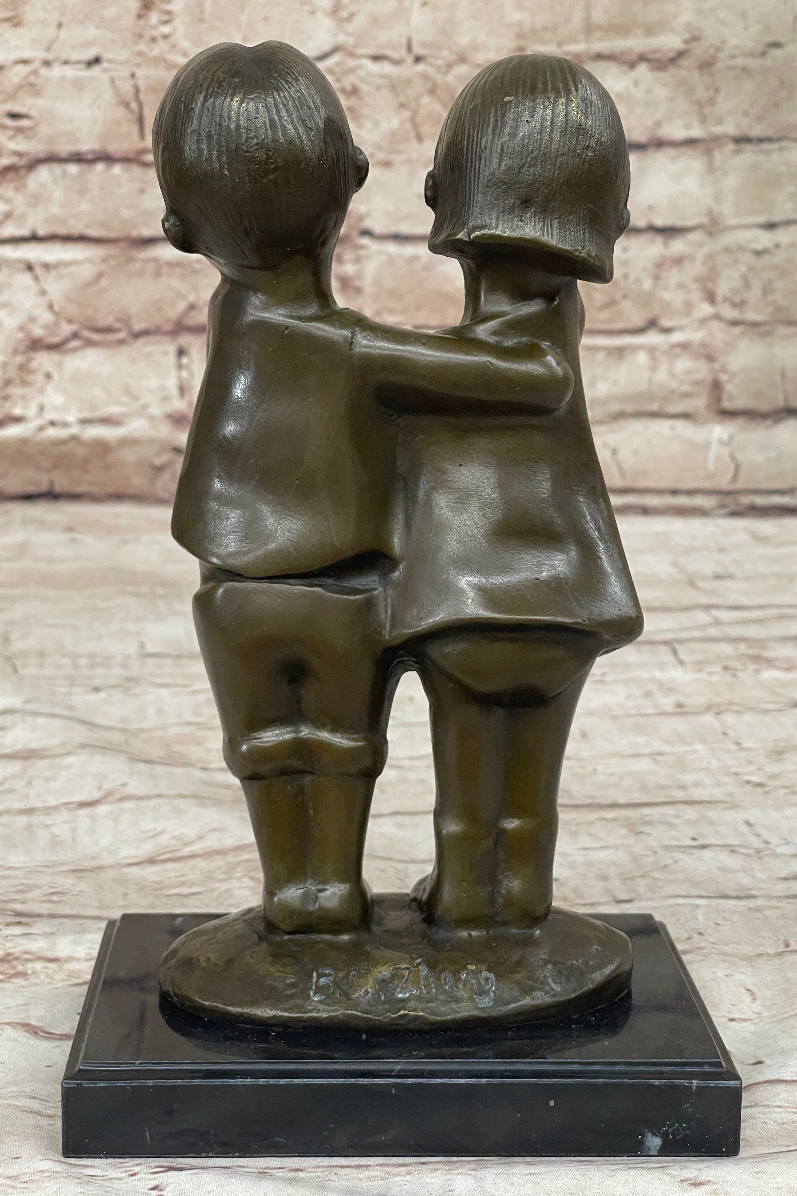 Chinese Children Brother and Sister Posing for Picture Bronze by Zhang