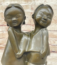 Chinese Children Brother and Sister Posing for Picture Bronze by Zhang