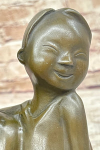Chinese Children Brother and Sister Posing for Picture Bronze by Zhang