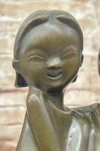 Chinese Children Brother and Sister Posing for Picture Bronze by Zhang