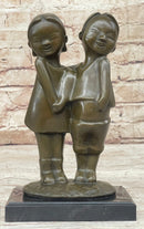 Chinese Children Brother and Sister Posing for Picture Bronze by Zhang