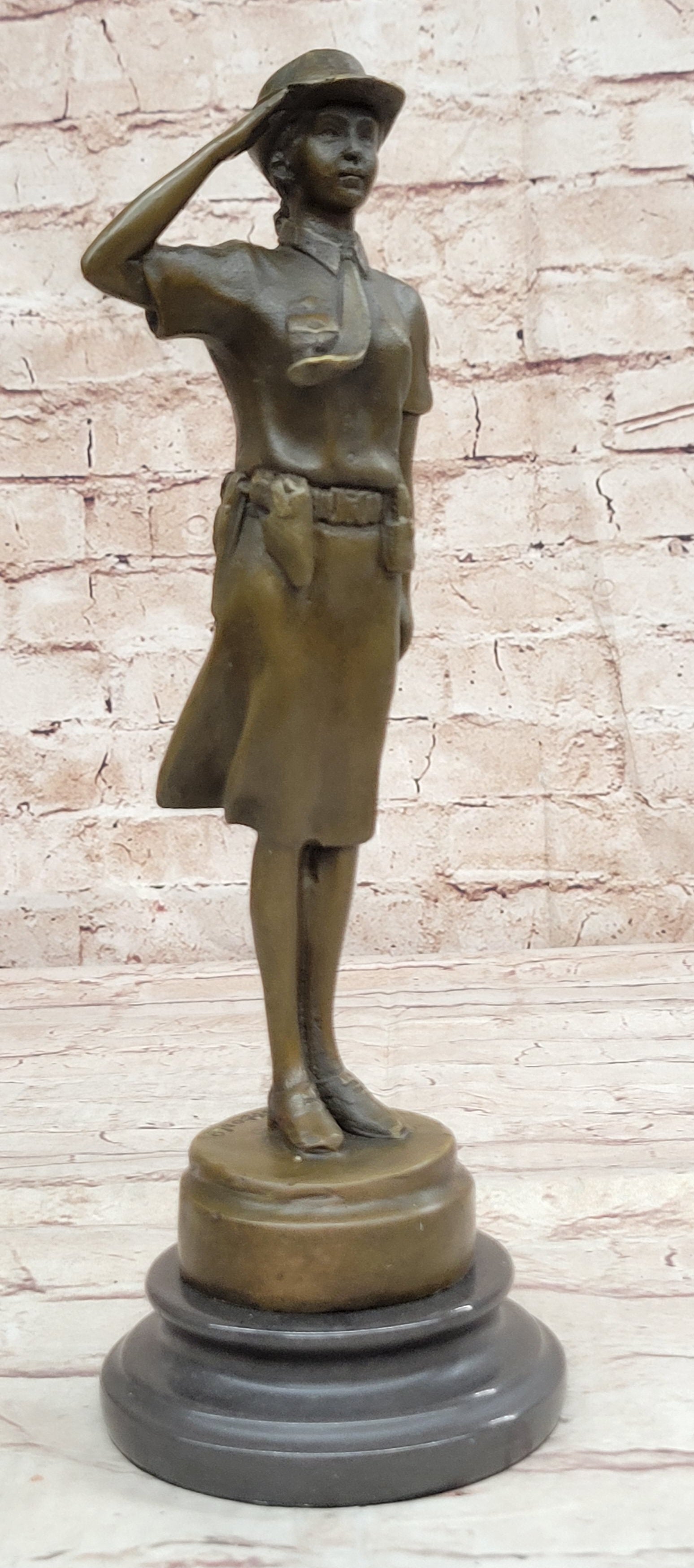 Hot Cast Bronze Female Cadet Soldier Officer on Marble Base