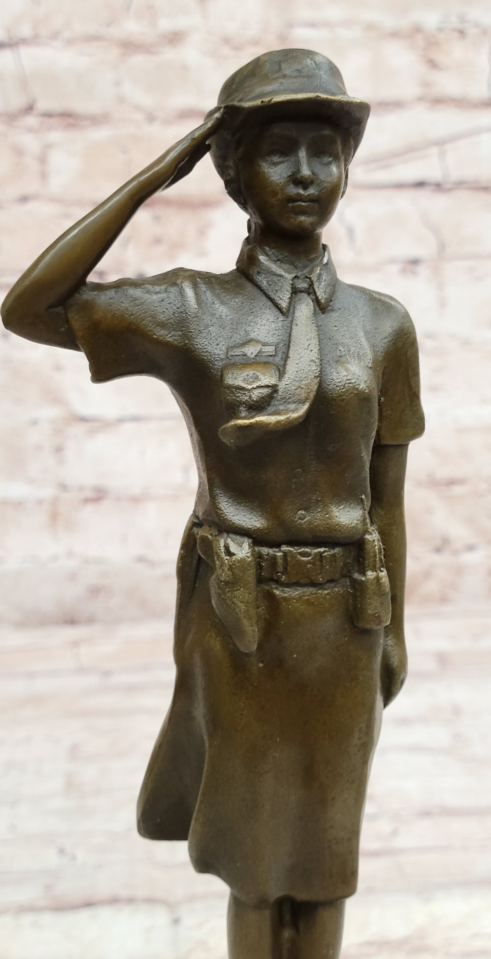 Hot Cast Bronze Female Cadet Soldier Officer on Marble Base