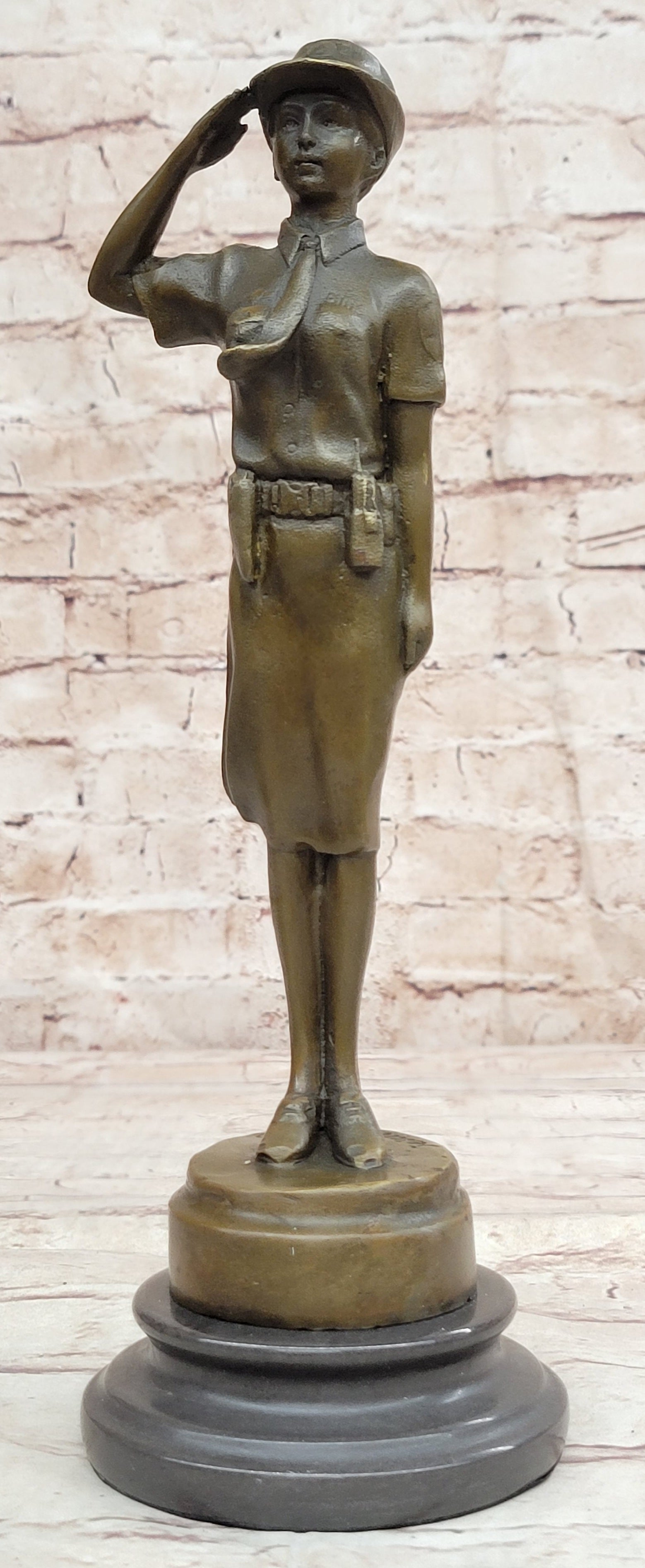 Hot Cast Bronze Female Cadet Soldier Officer on Marble Base