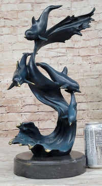Four Swimming Dolphins Bronze Sculpture Blue Green Patina