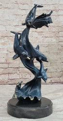 Four Swimming Dolphins Bronze Sculpture Blue Green Patina