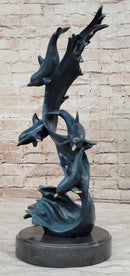 Four Swimming Dolphins Bronze Sculpture Blue Green Patina