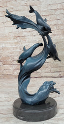 Four Swimming Dolphins Bronze Sculpture Blue Green Patina