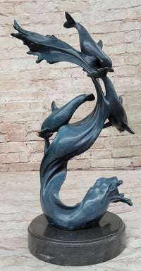 Four Swimming Dolphins Bronze Sculpture Blue Green Patina