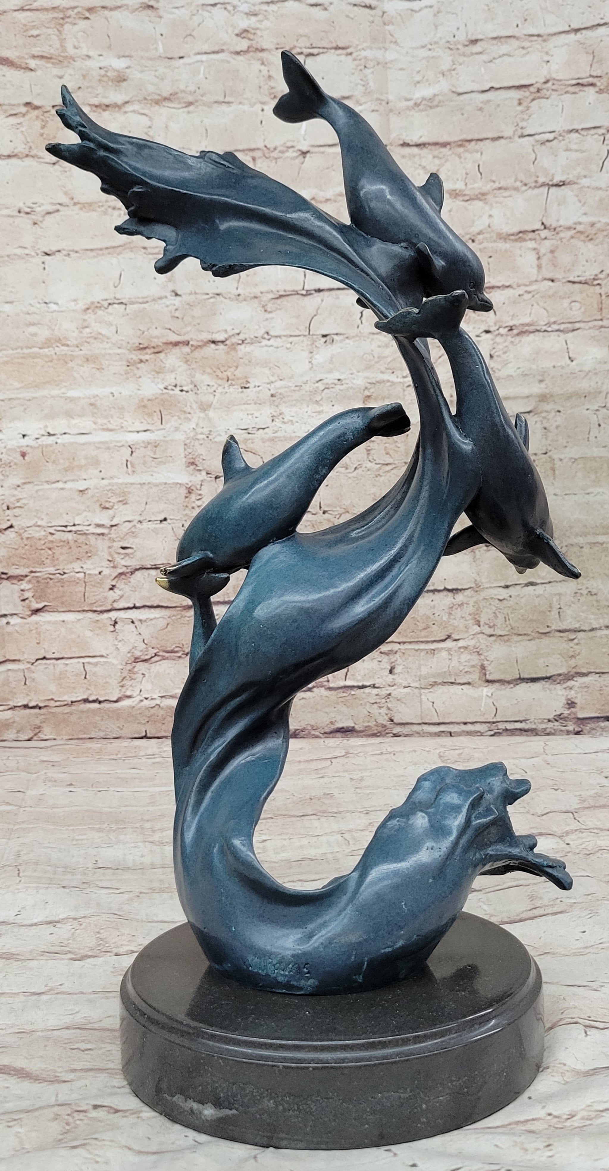 Four Swimming Dolphins Bronze Sculpture Blue Green Patina