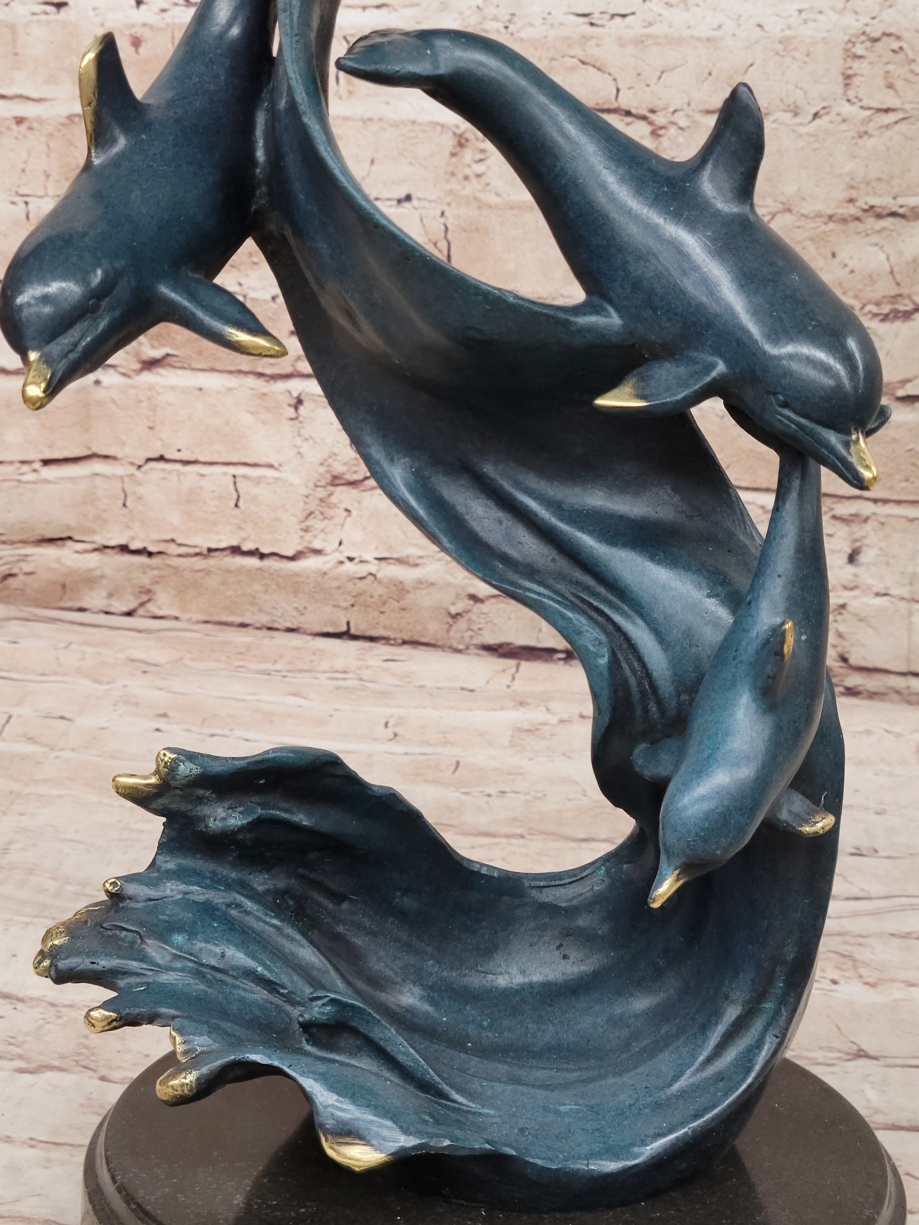 Four Swimming Dolphins Bronze Sculpture Blue Green Patina