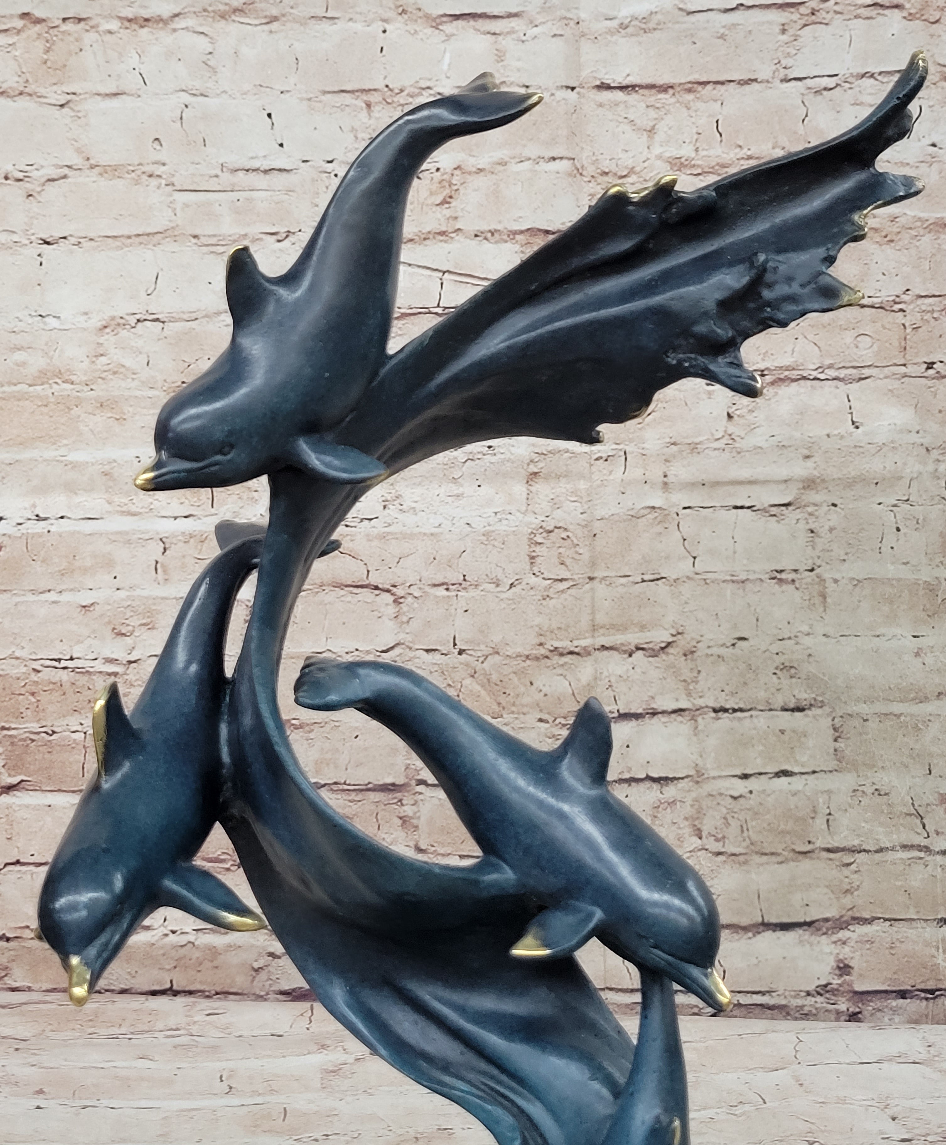 Four Swimming Dolphins Bronze Sculpture Blue Green Patina