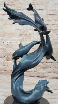 Four Swimming Dolphins Bronze Sculpture Blue Green Patina