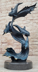 Four Swimming Dolphins Bronze Sculpture Blue Green Patina
