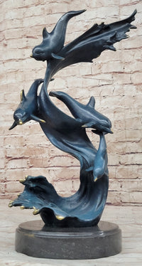 Four Swimming Dolphins Bronze Sculpture Blue Green Patina