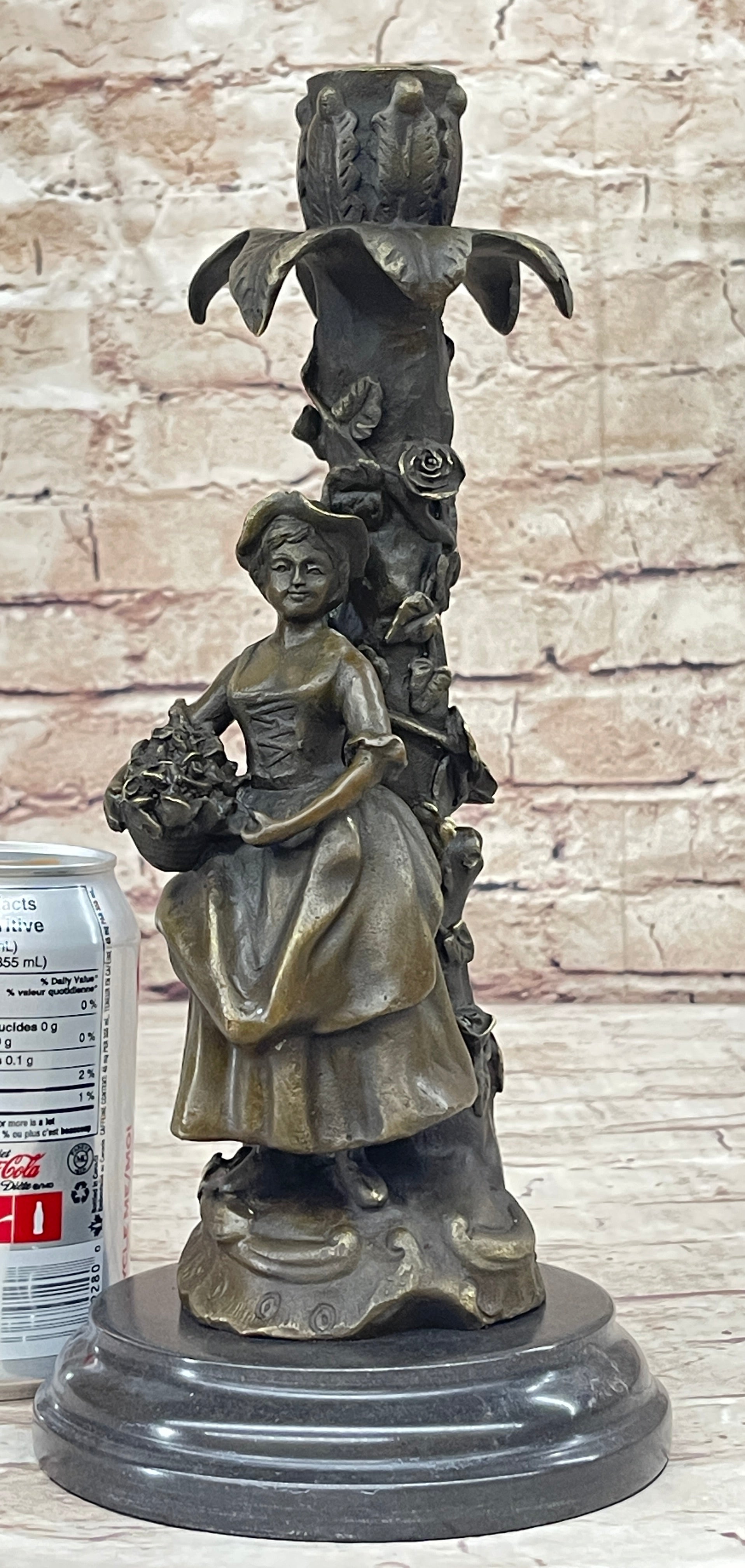 Young Woman Holding Basket of Flowers - Bronze Candle Holder