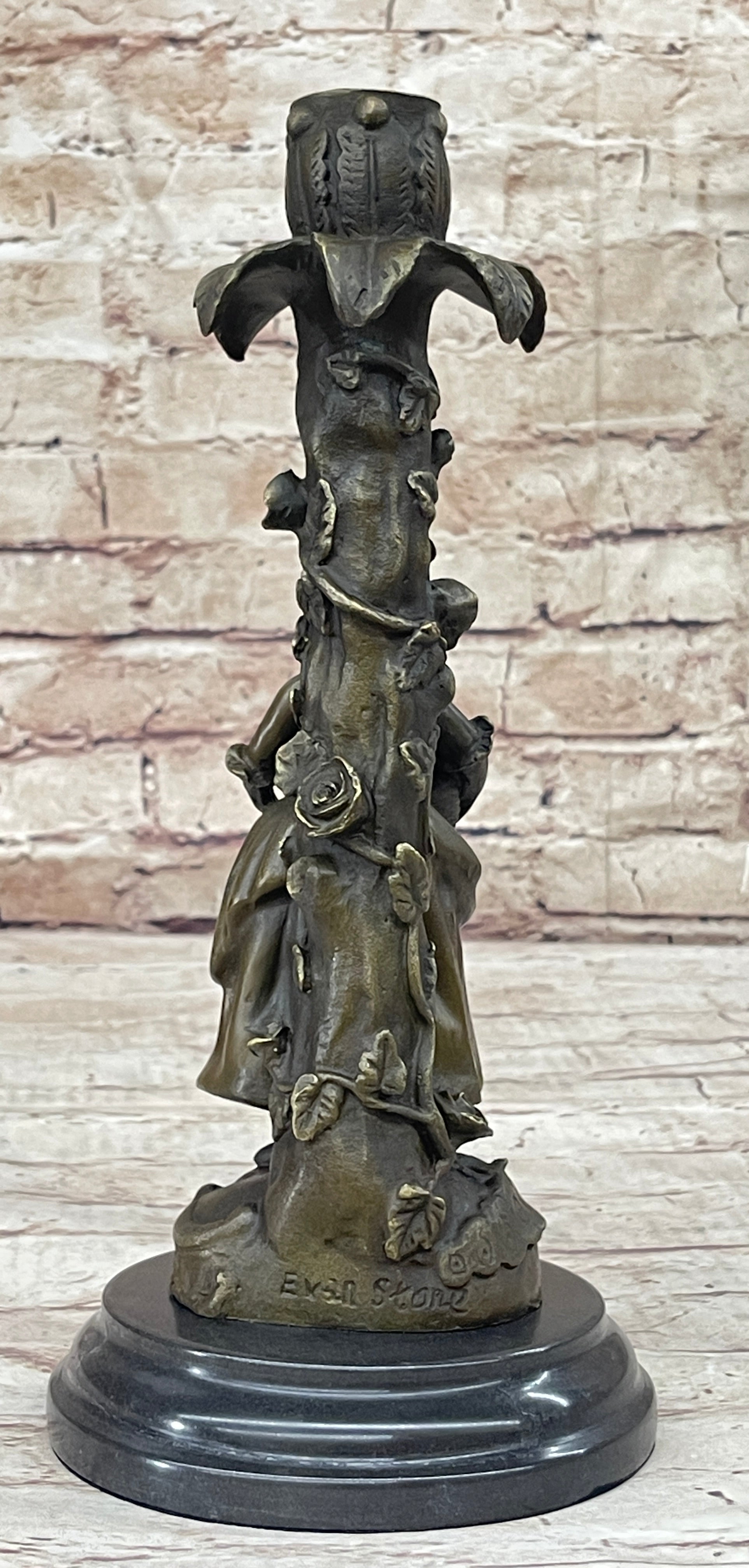 Young Woman Holding Basket of Flowers - Bronze Candle Holder