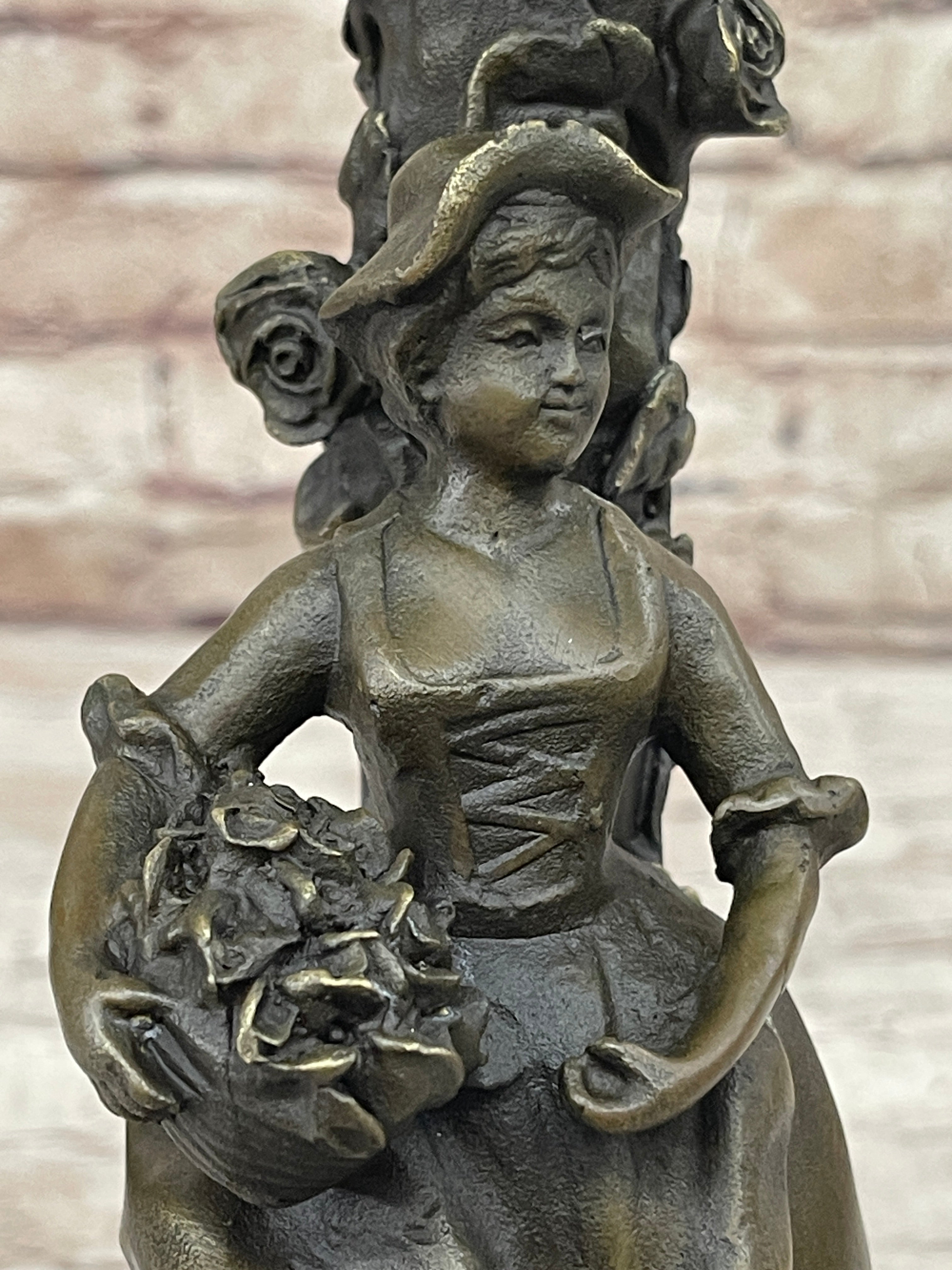 Young Woman Holding Basket of Flowers - Bronze Candle Holder