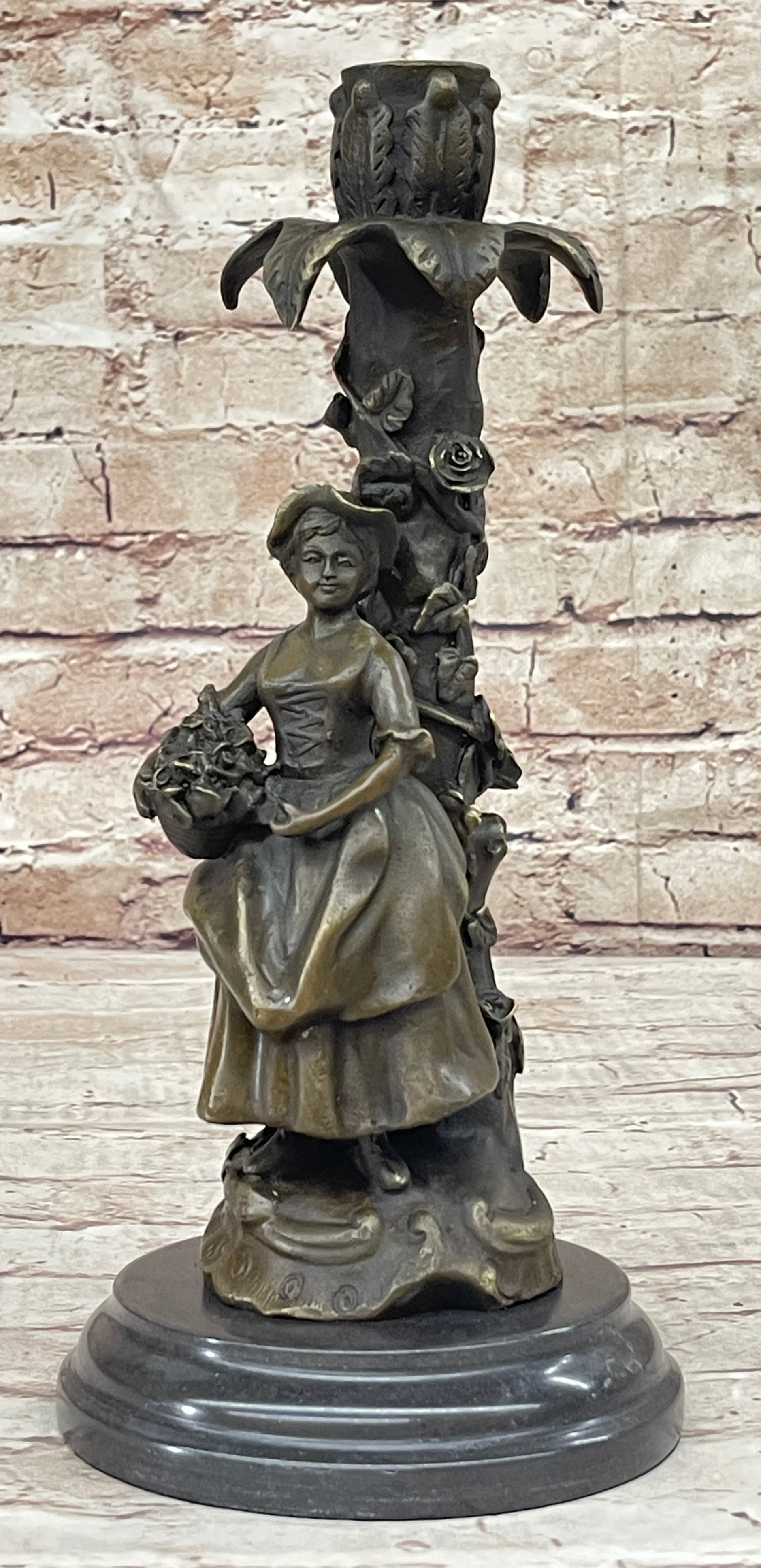 Young Woman Holding Basket of Flowers - Bronze Candle Holder