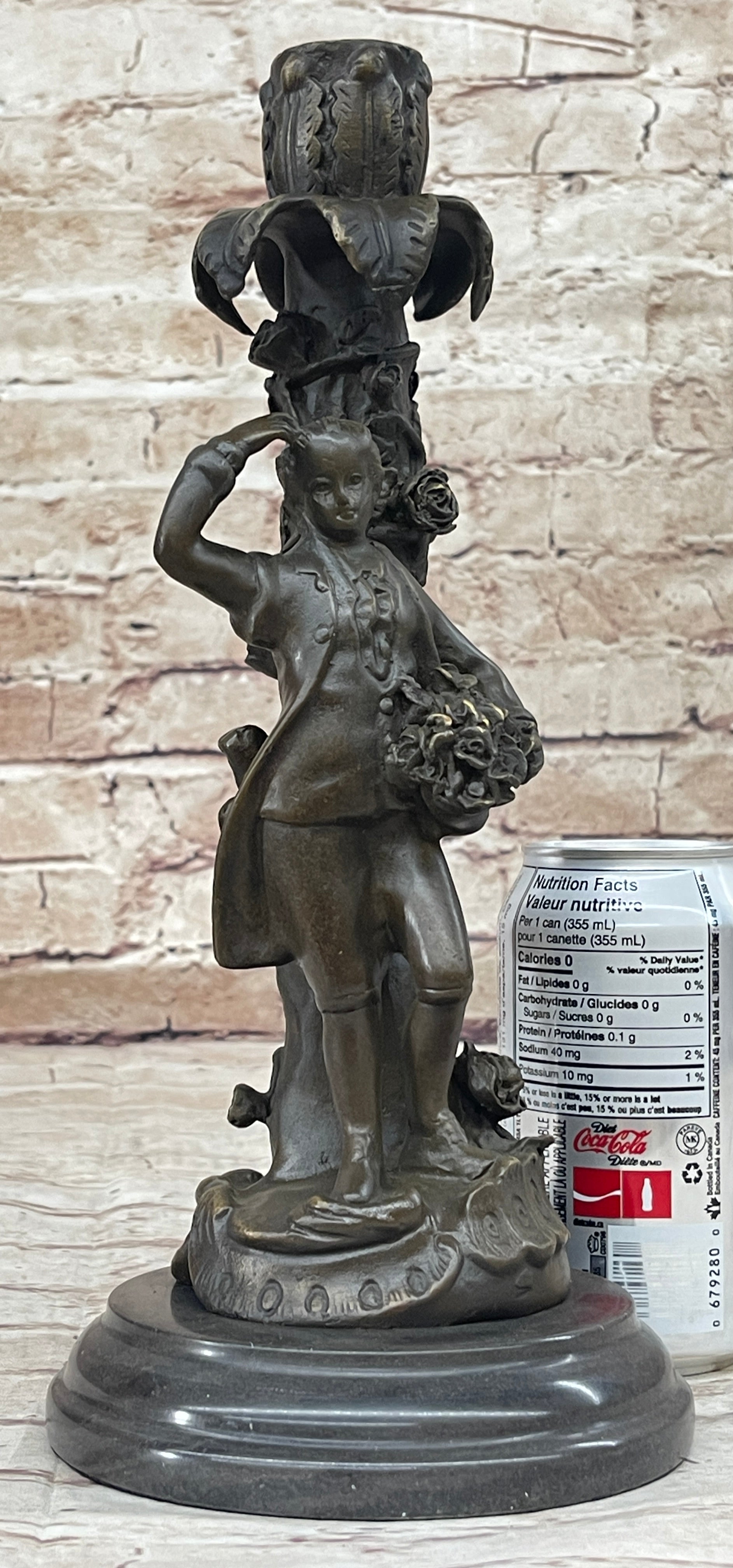 Signed Evan Stone Colonial Man Holding Flower Bronze Candle Holder