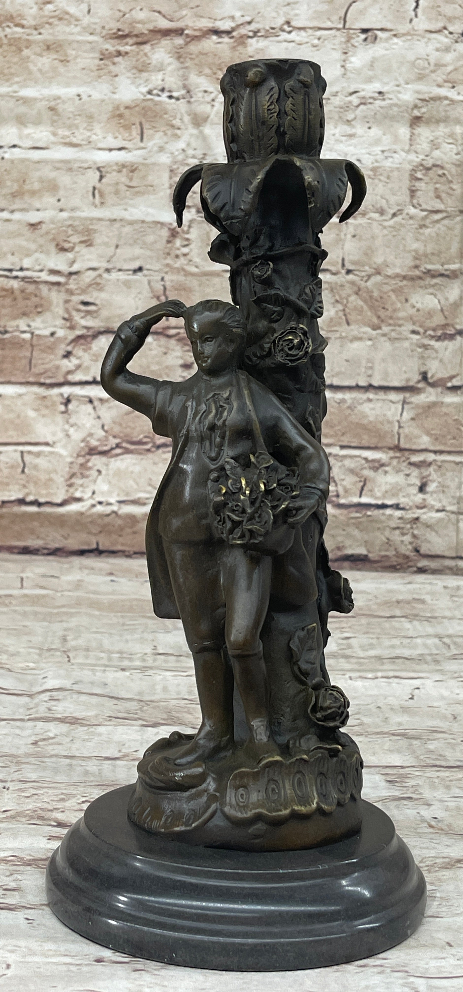 Signed Evan Stone Colonial Man Holding Flower Bronze Candle Holder