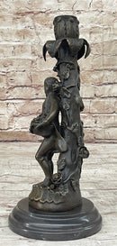 Signed Evan Stone Colonial Man Holding Flower Bronze Candle Holder