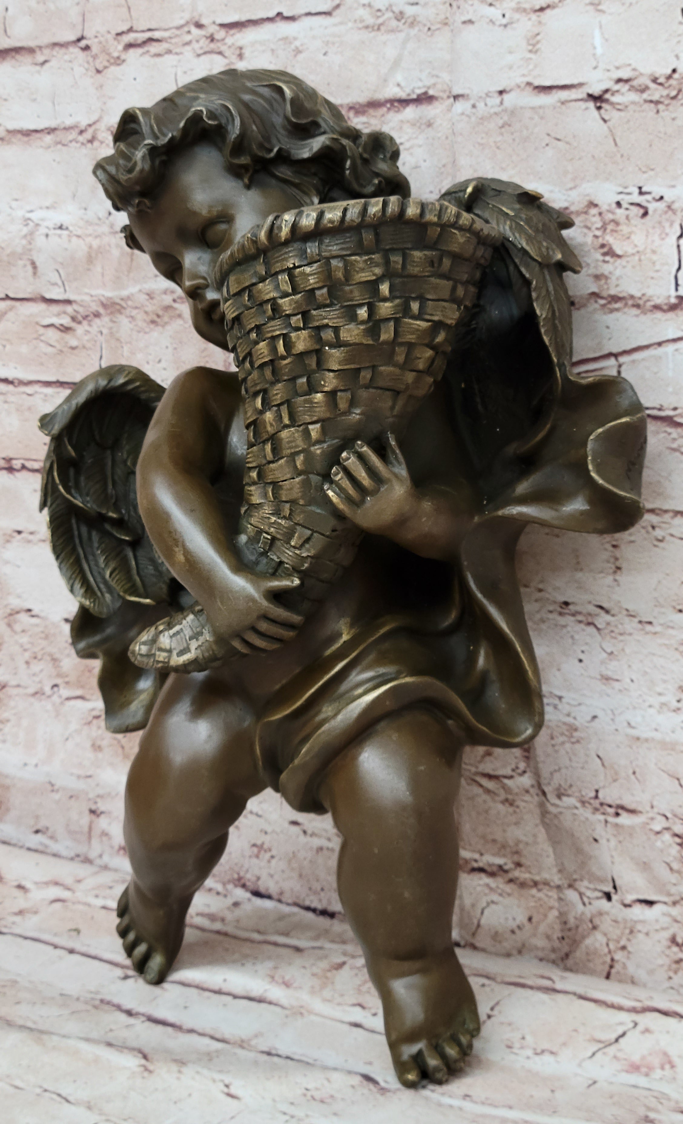 A.Moreau Baby Girl Angel Putti Wall Mount Bronze Sculpture