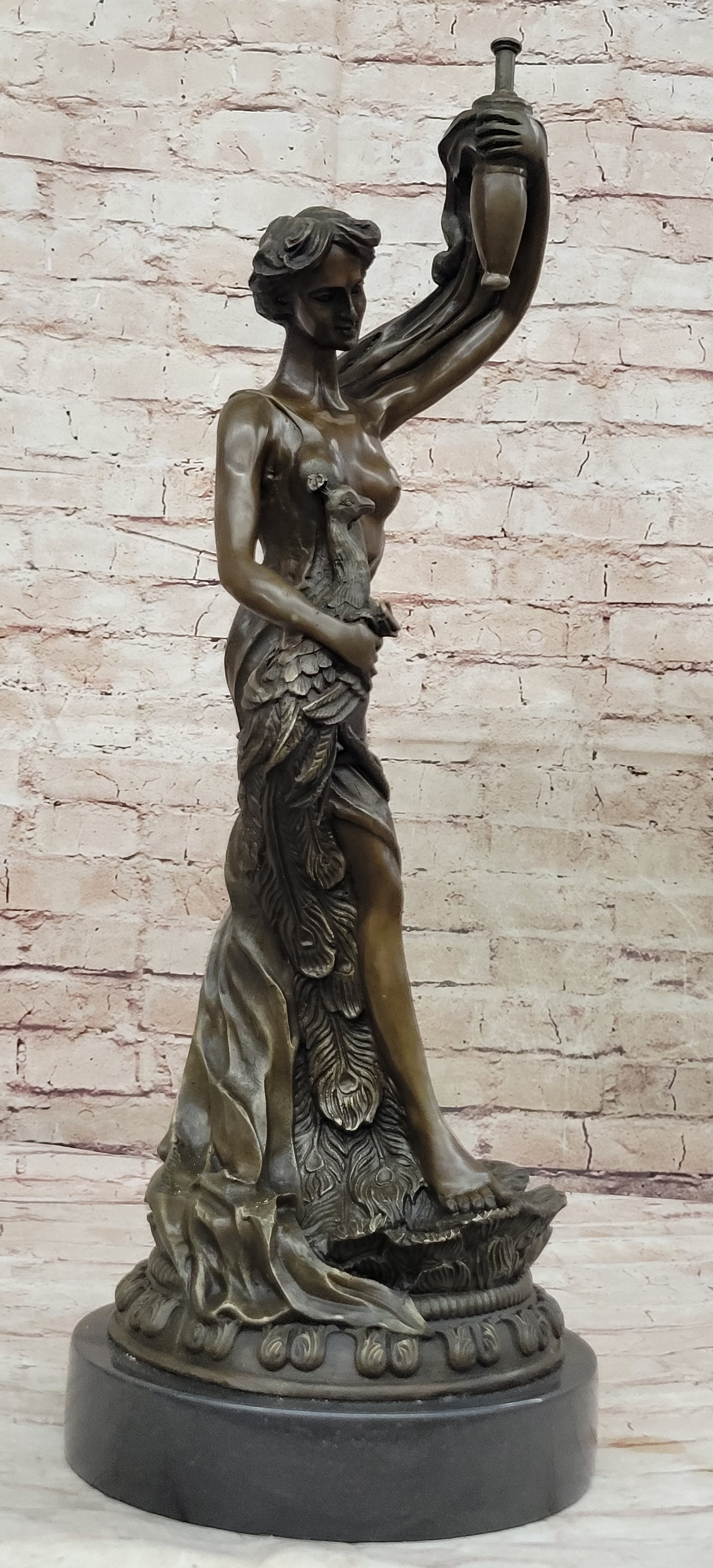 Semi Nude Venus Holding a Peacock Genuine Bronze Sculpture by Moreau