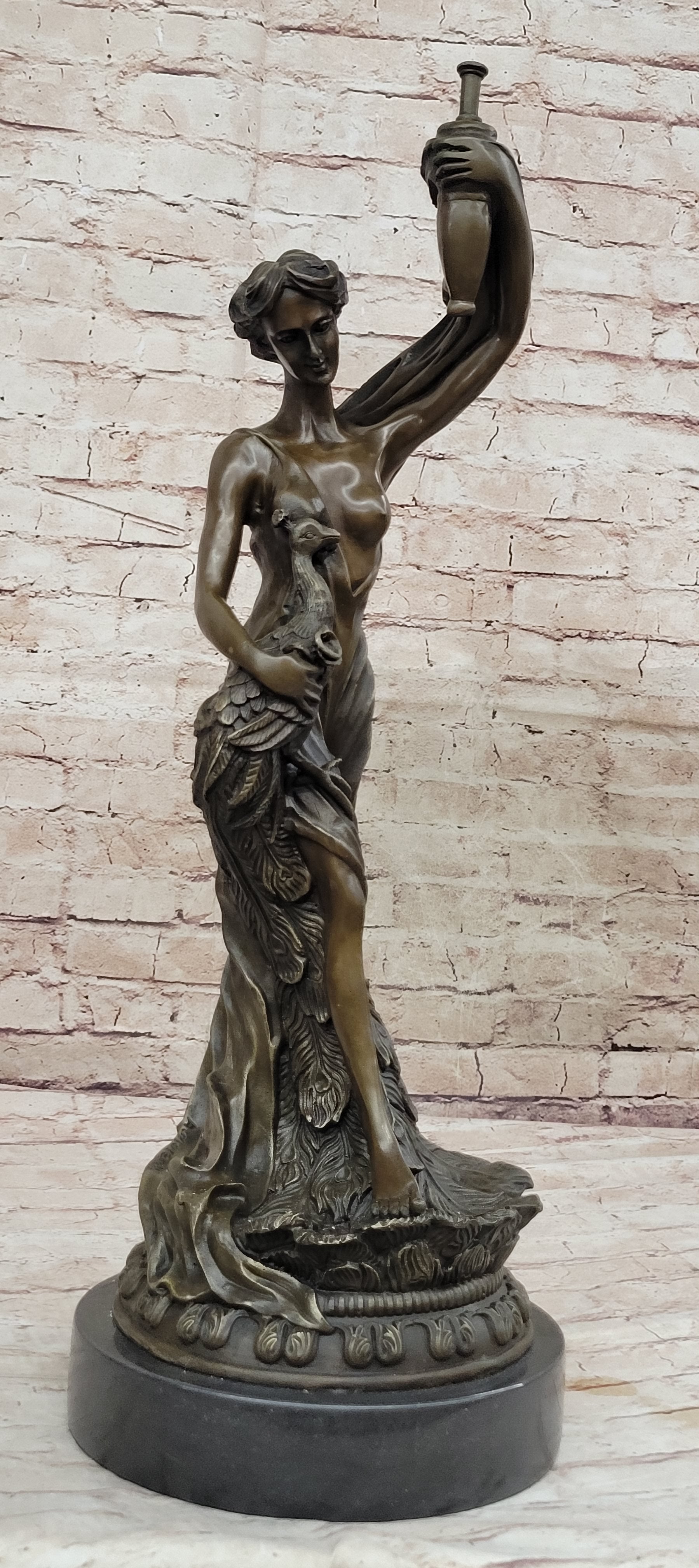 Semi Nude Venus Holding a Peacock Genuine Bronze Sculpture by Moreau