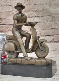 Man Riding Moped Bike Solid Bronze Sculpture Collectible