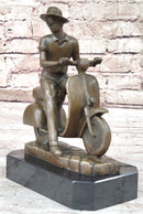 Man Riding Moped Bike Solid Bronze Sculpture Collectible