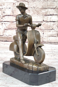 Man Riding Moped Bike Solid Bronze Sculpture Collectible