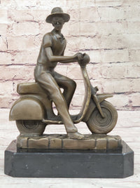 Man Riding Moped Bike Solid Bronze Sculpture Collectible