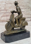 Man Riding Moped Bike Solid Bronze Sculpture Collectible