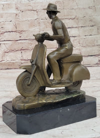 Man Riding Moped Bike Solid Bronze Sculpture Collectible