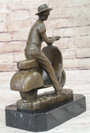 Man Riding Moped Bike Solid Bronze Sculpture Collectible